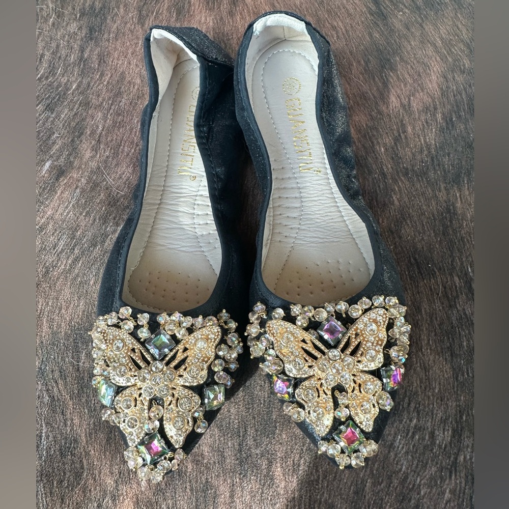 Luxe Black/Metallic Sheen Flats with Gold Butterfly Embellishments